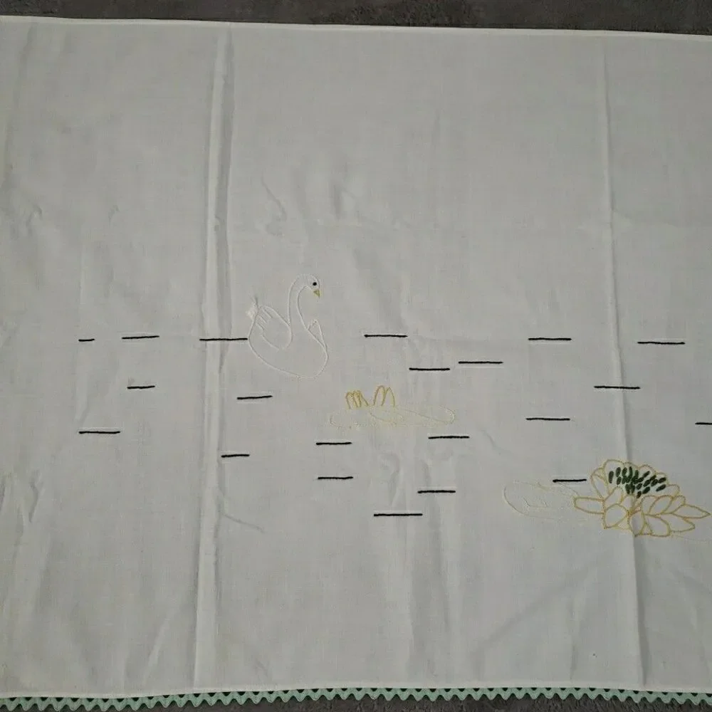 Embroidered Table Runner Swans Lilly Pad Mint Green Rick Rack 25